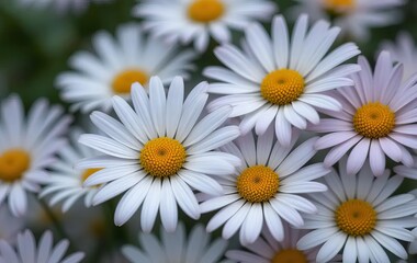 Fototapeta premium A close-up of white and yellow daisies in a field with a blue sky in the background