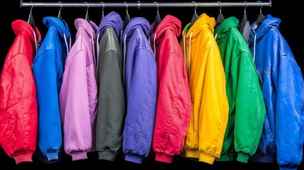 Brightly Colored Hooded Jackets Hanging on a Rack