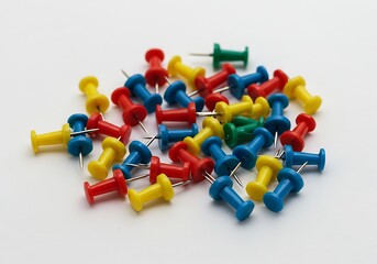Colorful Push Pins Scattered on White Surface for Office Supplies