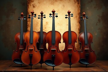 Fototapeta premium Collection of classic violins in artistic display
