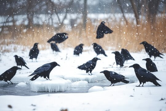 A group of crows picking at frozen remnants in a snow-covered meadow.