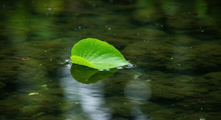 Green Leaf Floating on Water Surface with Reflection Detail