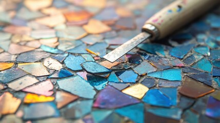 Fototapeta premium Colorful mosaic tile surface with tool