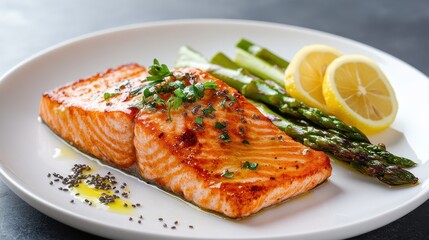 A bird is-eye view reveals a pristine white plate, adorned with a vibrant salmon fillet glazed with tangy lemon garlic butter, accompanied by crisp asparagus spears and crunchy chia seeds, a