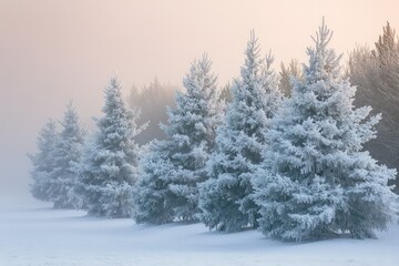 Fototapeta premium A group of frosted pine trees blanketed in fresh snow during a quiet winter morning.