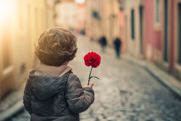 25 de Abril, dia da Liberdade. Translation: 25th of April, Freedom day of Portugal. Carnation Revolution of 1974. Kid holding red carnation flower. 