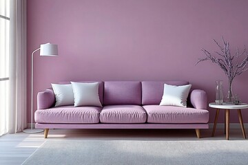 A chic, minimalist living room setup perfect for modern interior design projects, home staging, or decor inspiration featuring serene lavender and pink tones.