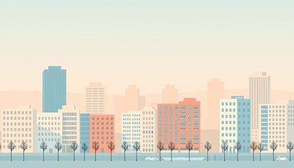 Modern City Skyline with Pastel Buildings and Trees