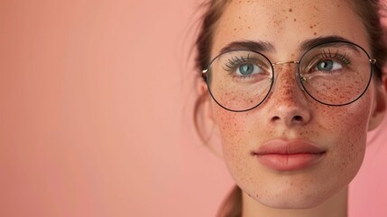 The image features a person wearing glasses and has red freckles, suggesting a young adult female with a fair complexion and a style reminiscent of a casual or street fashion aesthetic.