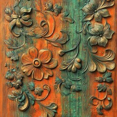Intricate floral wood carving with orange and green patina.