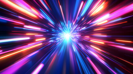 Energetic burst of futuristic light trails converging toward a focal point effect in space