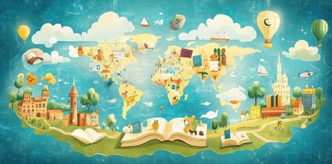 Fototapeta premium A colorful illustrative map of the world surrounded by books