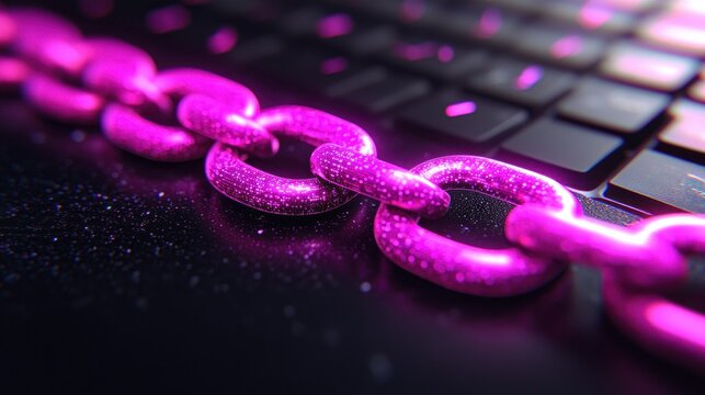 Pink chain links atop a keyboard, suggesting cybersecurity, blockchain, or digital connection