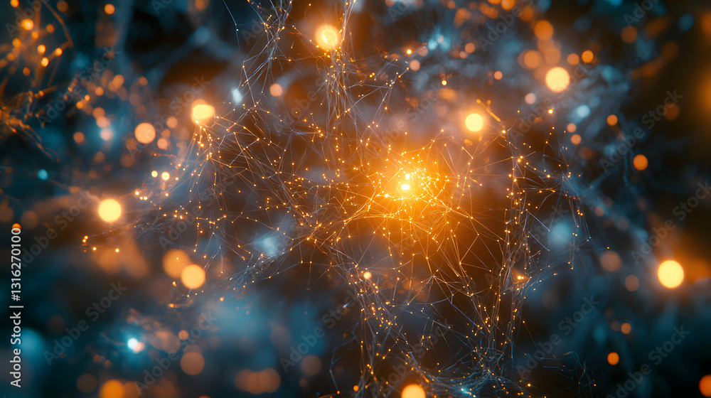 Poster Abstract digital network connection with glowing dots and interconnected web lines