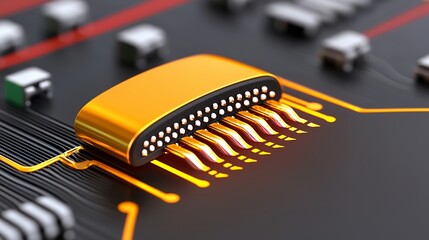 Close-Up of a Golden Microchip Surrounded by Metallic Circuitry and Electronic Components