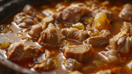 Close-up of Shkembe Chorba, showcasing tender veal tripe in flavorful broth with garlic and spices
