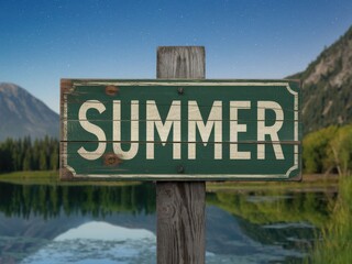 "Vintage Wooden 'Summer' Sign with Serene Lake and Mountain Landscape Under Clear Starry Sky"
