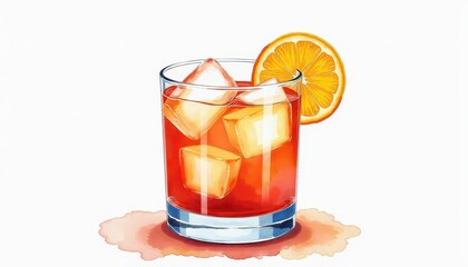Vibrant Illustration: Red Highball Drink on White Background. A watercolor painting of a glass of  juice with ice cubes.