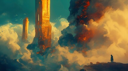 Fototapeta premium Solitary Figure Contemplating Celestial Towers Amidst a Dramatic Cloudscape