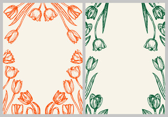 Tulip flowers frame sketch outline illustration banner background set. Tulip flower spring botanical doodle drawing in engraving style. Hand drawn vector line art clipart