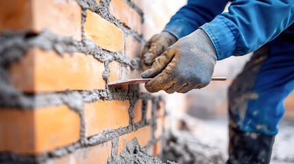 Fototapeta premium Worker meticulously laying bricks with trowel at a construction site on a sunny day in a blue uniform and gloves