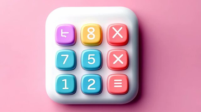 Colorful calculator on pink background showing numbers and symbols for basic arithmetic functions