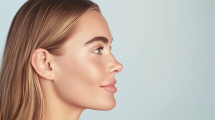 Naklejka premium This image features a person with their eyes closed, showcasing a close-up view of their profile. The individual appears to have light skin and their hair is blonde, styled straight.