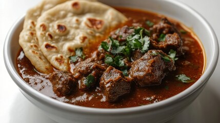 A tantalizing tableau unfolds: a hearty plate of beef stew, its rich broth bubbling invitingly, garnished with fragrant coriander, nestled beside a soft, folded chapati, a symbol of warmth and