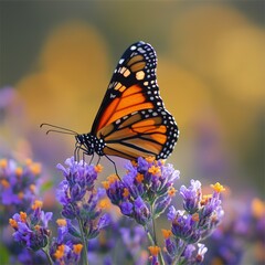 A vibrant butterfly on blooming flowers.