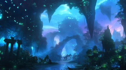 Obraz premium Enchanting Bioluminescent Cave Landscape with Ancient Ruins and Flying Creatures
