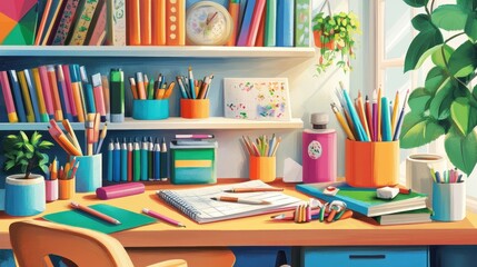 A vibrant and colorful desk with art supplies and books