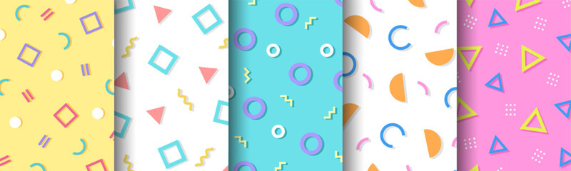 Collection of colorful geometric patterns. Decoration for geometric design artwork style, advertising, wrapping, printing, book cover. Vector illustration