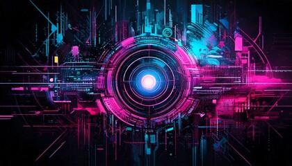 Obraz premium Futuristic cyberpunk-inspired abstract background with digital glitch effects, neon pink and blue accents, pixel distortions, and geometric overlays on a dark textured backdrop