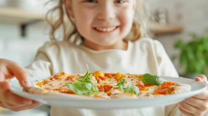 Child holding pizza slice.