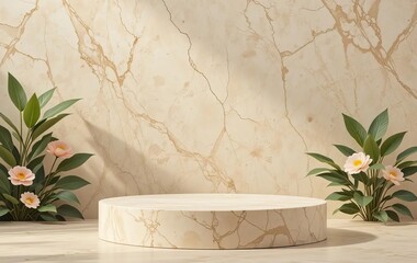 A close-up of a light beige marble stone with flowers and green leaves on top