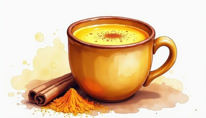 Realistic Digital Painting: Turmeric Tea with Cinnamon on White Background. A cup of turmeric tea with cinnamon sticks and powder.