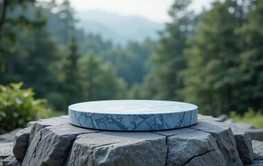 A 3D illustration of a round blue stone podium on a rock platform in a forest setting