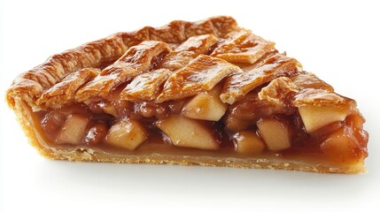 A warm, golden slice of apple pie, its crust flaky and its filling bursting with sweet, juicy apples, rests invitingly on a pristine white plate, a symphony of flavors and textures.