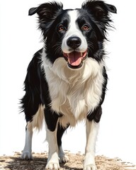 Fototapeta premium With its tongue lolling, a border collie stands attentively posed against a pristine white background