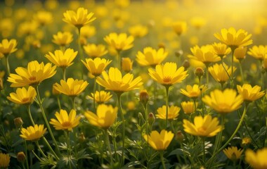 Fototapeta premium A field of yellow buttercup flowers with the sun shining behind them