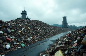 Industrial waste and pollution in overcast landscape highlighting environmental concerns