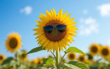 A sunflower with a pair of sunglasses on its "face"