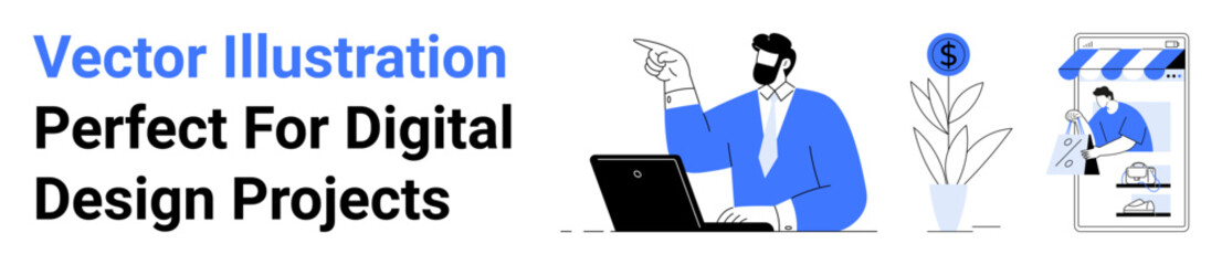 Businessman at desk with laptop gestures towards digital shop app, currency icon, and plant. Ideal for business, e-commerce, freelancing, finance, marketing, remote work flat landing page banner