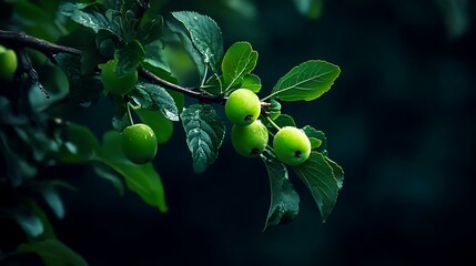 Obraz premium Unripe Apples on a Branch in Deep Shade: A Natural Close-Up AI Generated