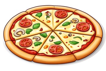 Cartoon pizza slice layout on white background for takeaway menus and culinary content