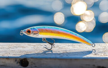 Fishing lure on a dock, with a lake and light, colorful in a casting moment
