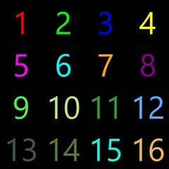 numbers 1 to 16 in random colors colors in the matrix of 4x4 cells