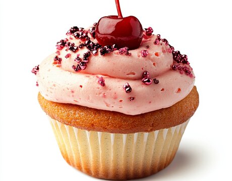 Against a pristine background, a sweet pink cupcake takes center stage, complete with a heart-shaped cherry garnish and a swirl of creamy frosting