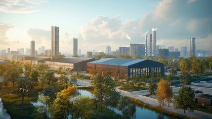 Fototapeta premium A smart city industrial area powered by clean energy, with eco-friendly manufacturing plants 
