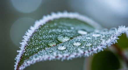 Frost Covered Leaf with Water Droplets Sparkling in Winter Light